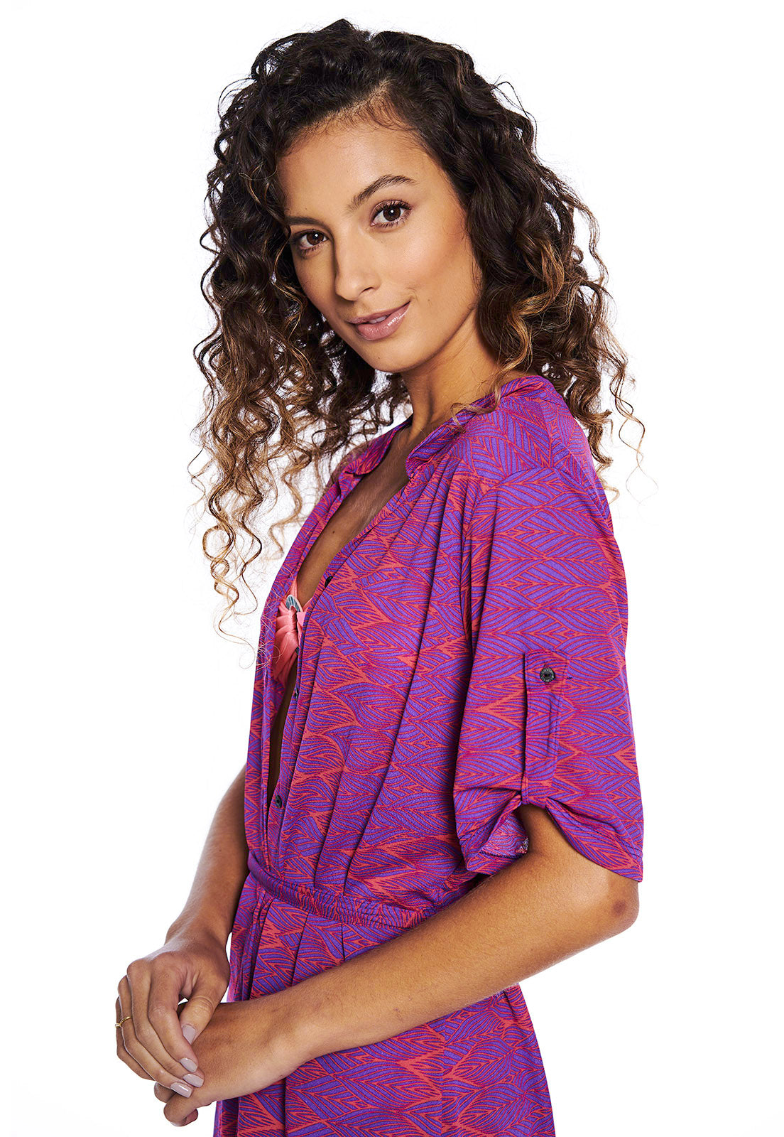 Camisa Saída de Praia Estampada Folhas Roxo