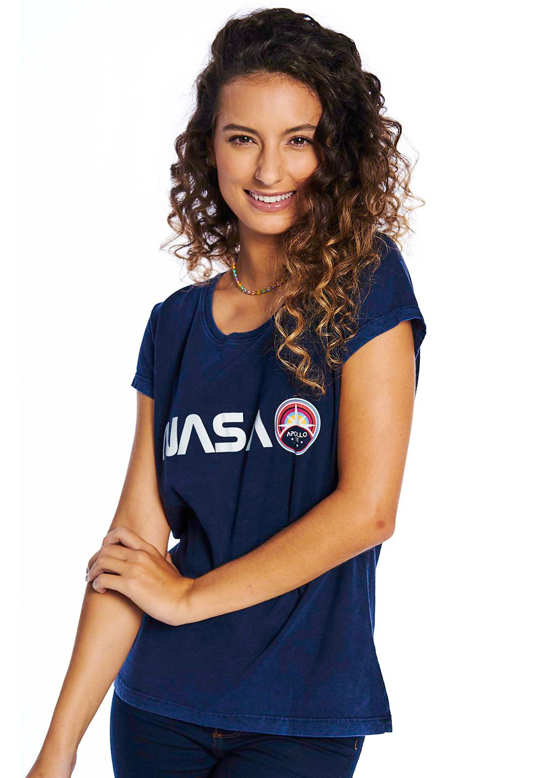 T-shirt Babylook Nasa Marmorizada Marinho